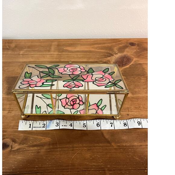 Vintage Stained Glass Jewelry Trinket Box Pink Rose Floral Brass - Picture 11 of 11